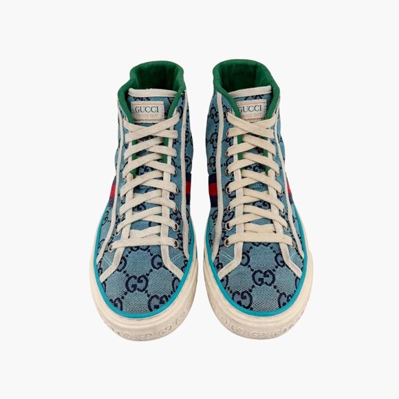 Gucci 1977 Tennis Blue GG Canvas High Top Sneakers Shoes Size 37 US 7 Women’s - Picture 2 of 14